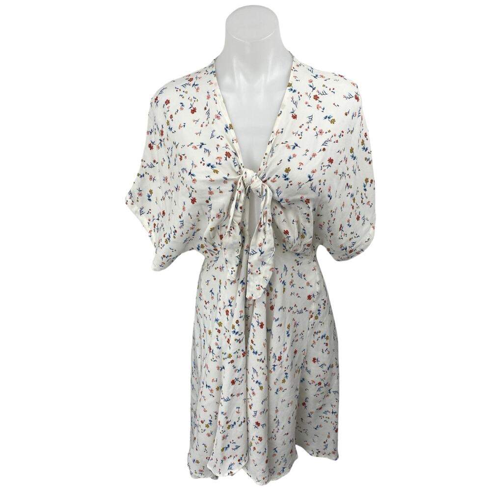 Magali Pascal White Multicolor Floral Short Sleeve Tie Front A Line Mini Dress S